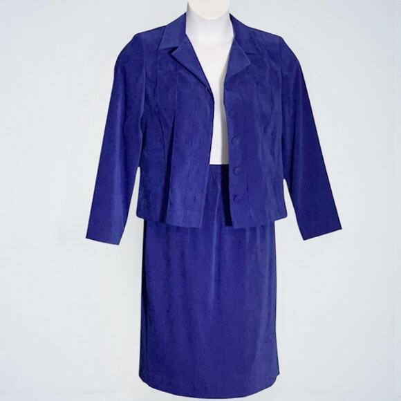 Vintage 80s Leslie Fay Skirt Suit 8P Blue Microsuede Princess Seams Blazer Set - Picture 1 of 10